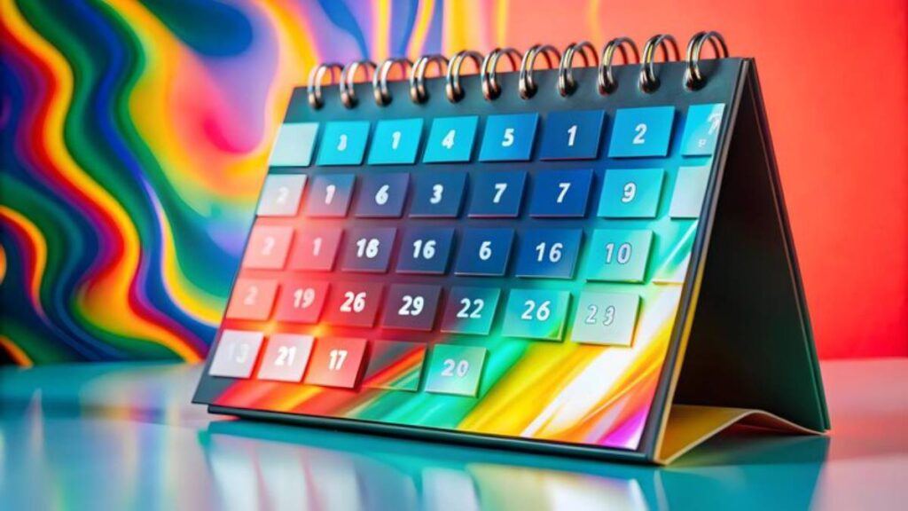 A calendar interface displaying the numbers 1-30, with the 8th highlighted, surrounded by scattered documents on a table.