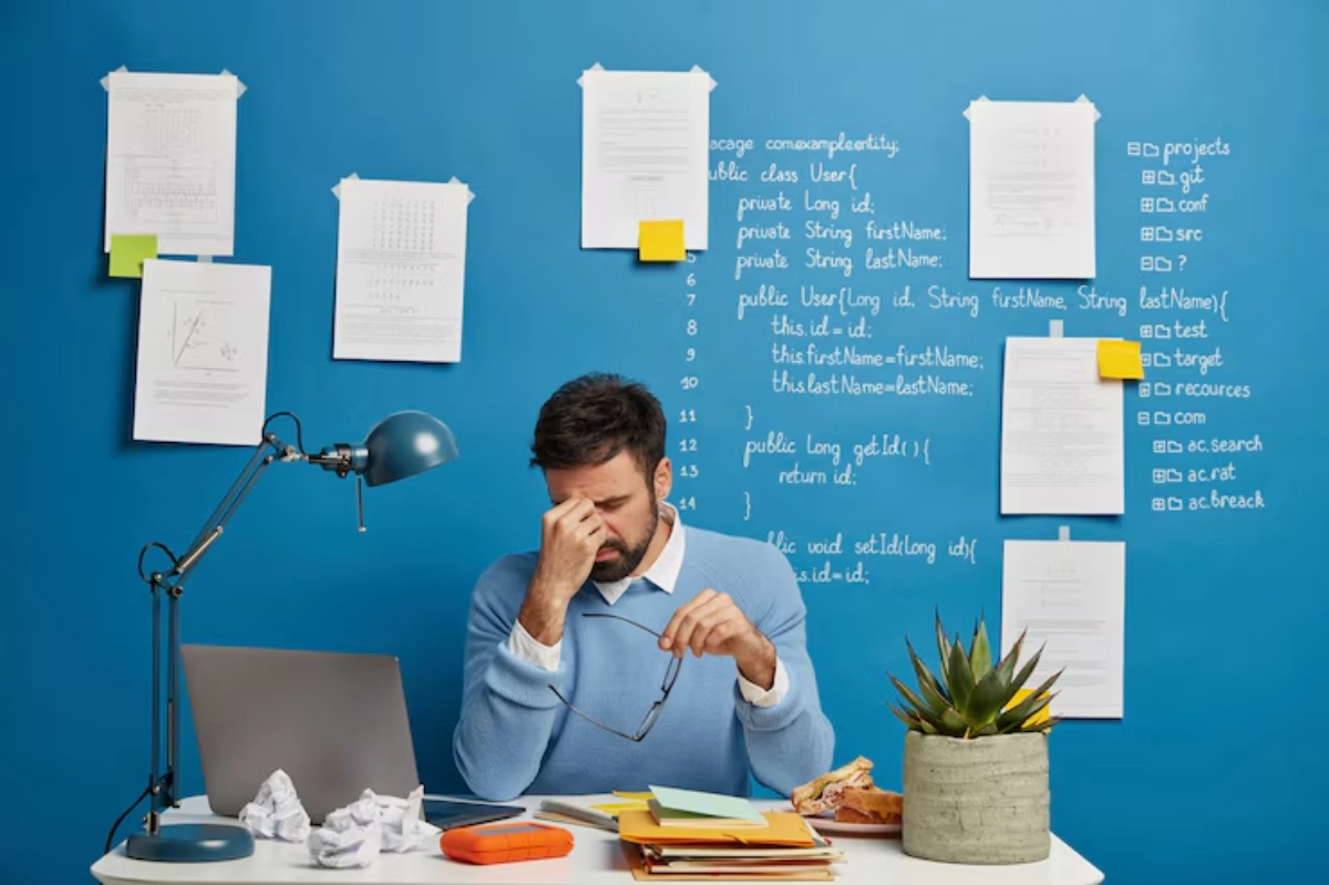 A person sits at a desk cluttered with papers, a laptop, and a plant, surrounded by notes on a vibrant blue wall.