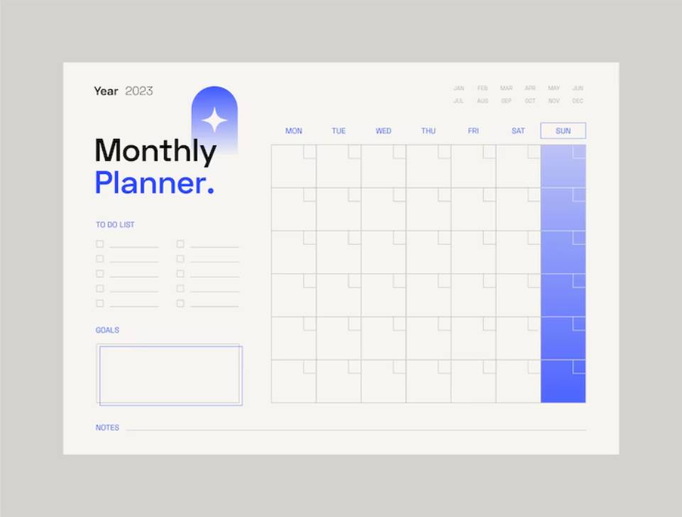 A blank monthly planner for 2023, featuring sections for tasks, goals, and notes, with a gradient blue sidebar.