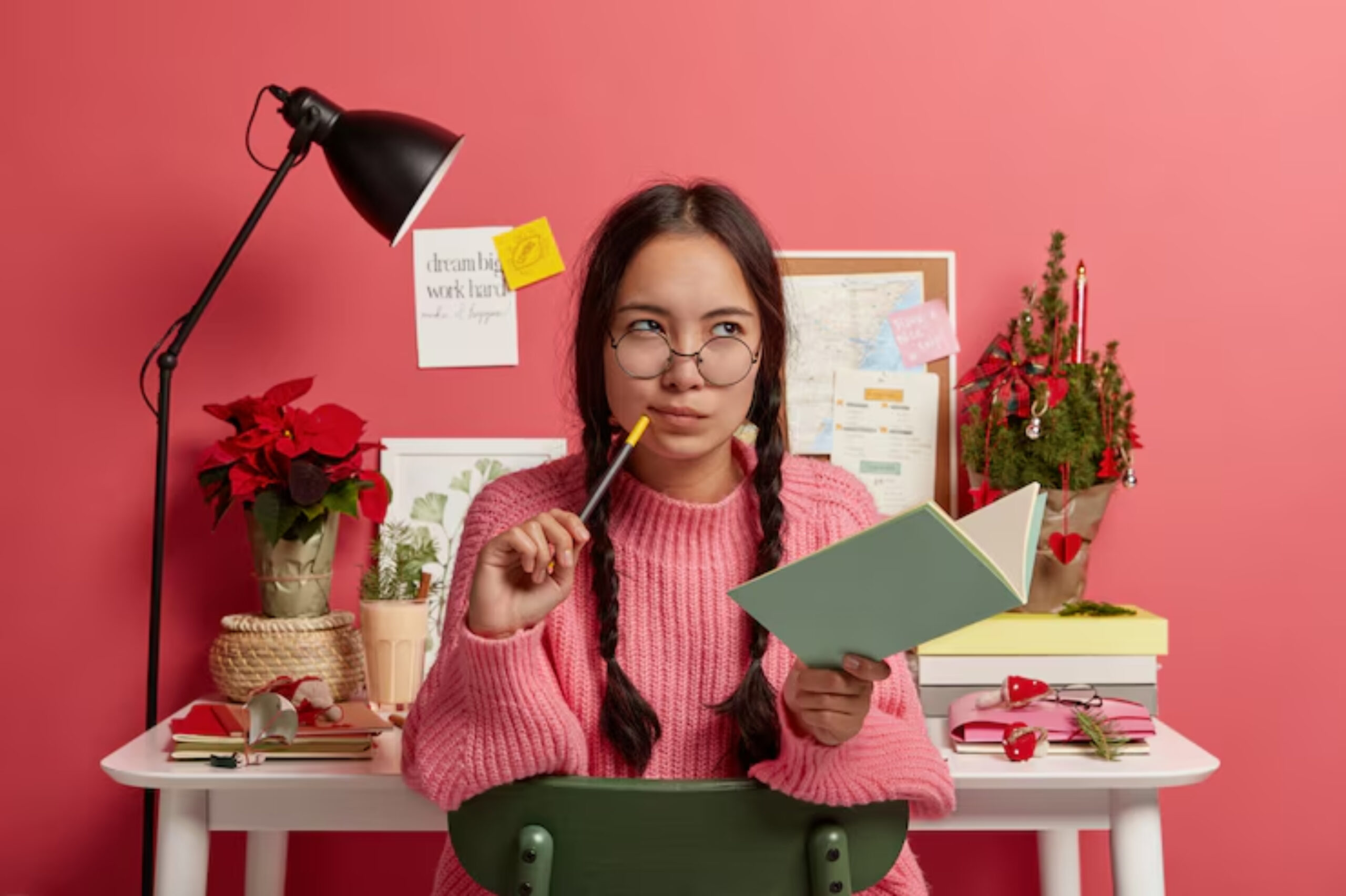 A person in a cozy pink sweater sits at a desk, reading a book, surrounded by plants and colorful stationery against a pink wall.