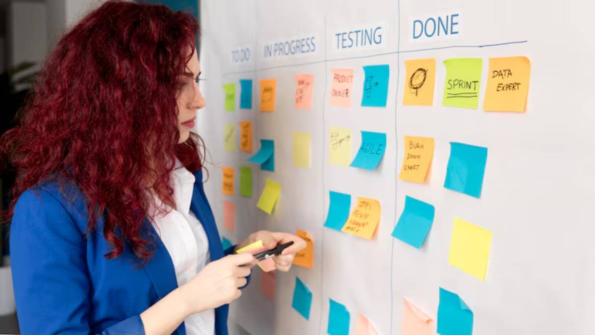 A person stands beside a task board filled with colorful sticky notes organized into To Do, In Progress, Testing, and Done categories.