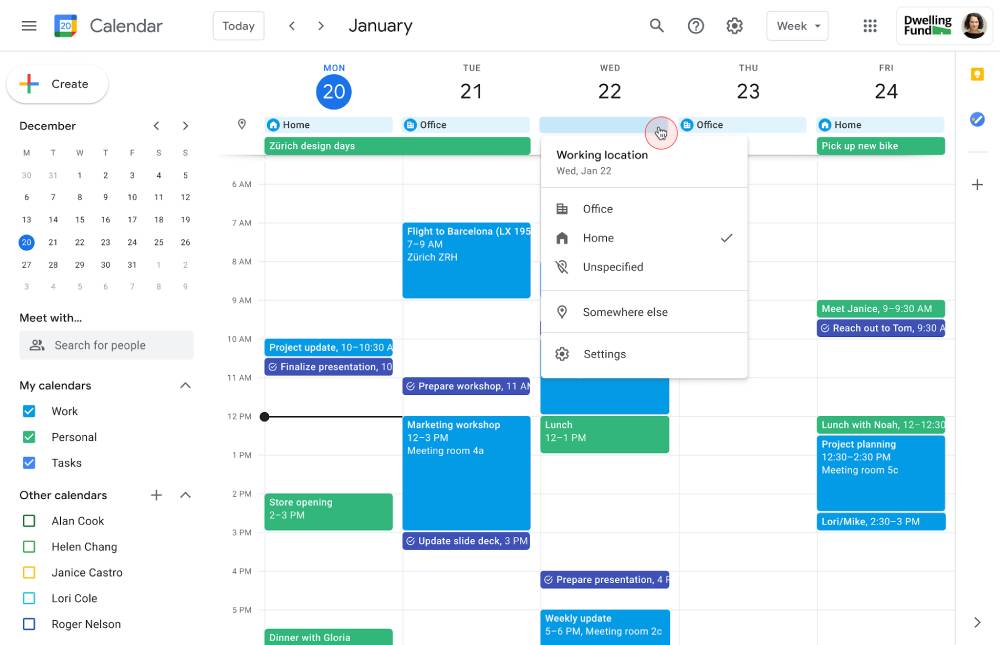 A Google Calendar interface displaying a weekly schedule with various meetings, tasks, and work locations for January 20-24.
