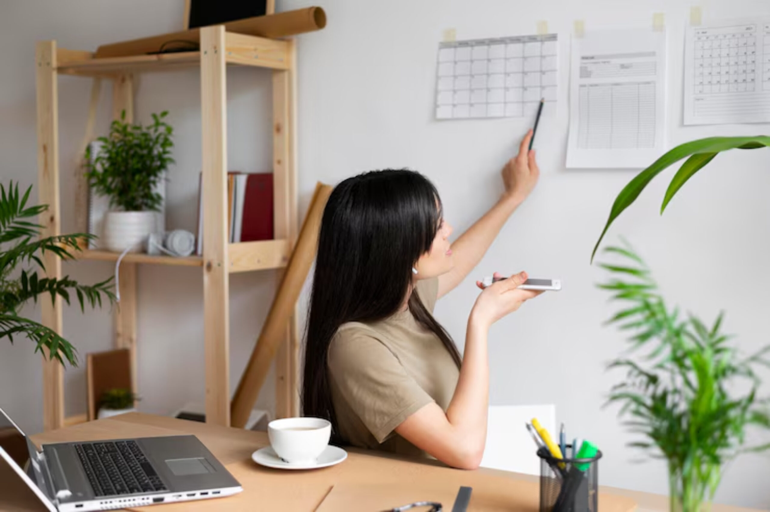 A woman gestures toward a wall-mounted calendar in a well-organized workspace with plants, a laptop, and a cup of coffee on the table.