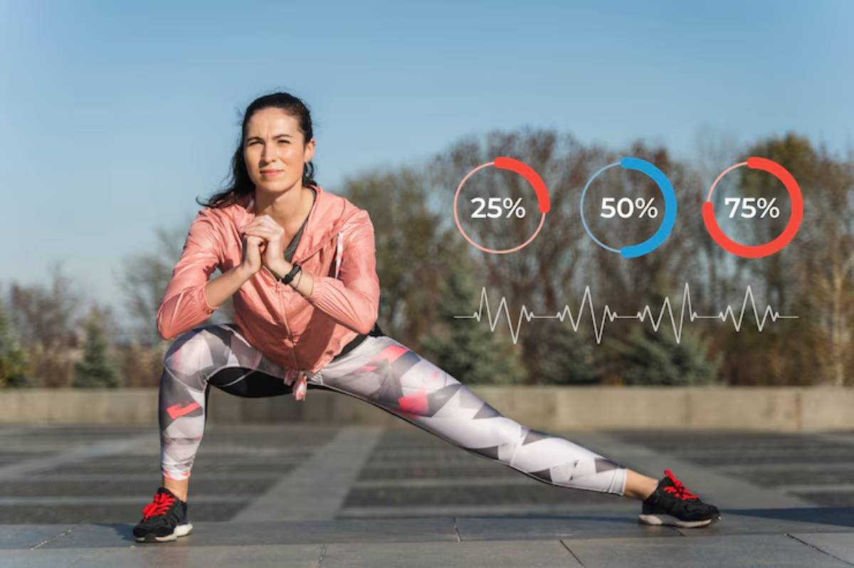 A woman in athletic wear performs a lunge outdoors, with fitness progress indicators and a heartbeat monitor graphic displayed nearby.