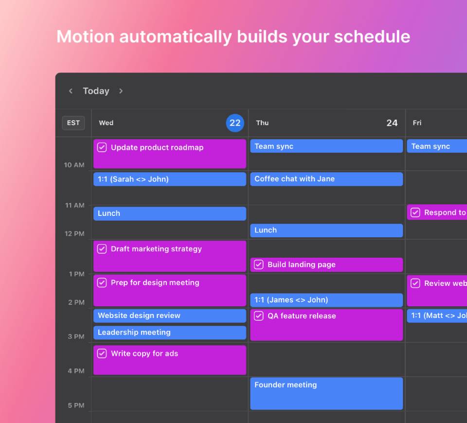 A scheduling interface displaying upcoming meetings and tasks for Wednesday, Thursday, and Friday, with an automated scheduling feature highlighted.