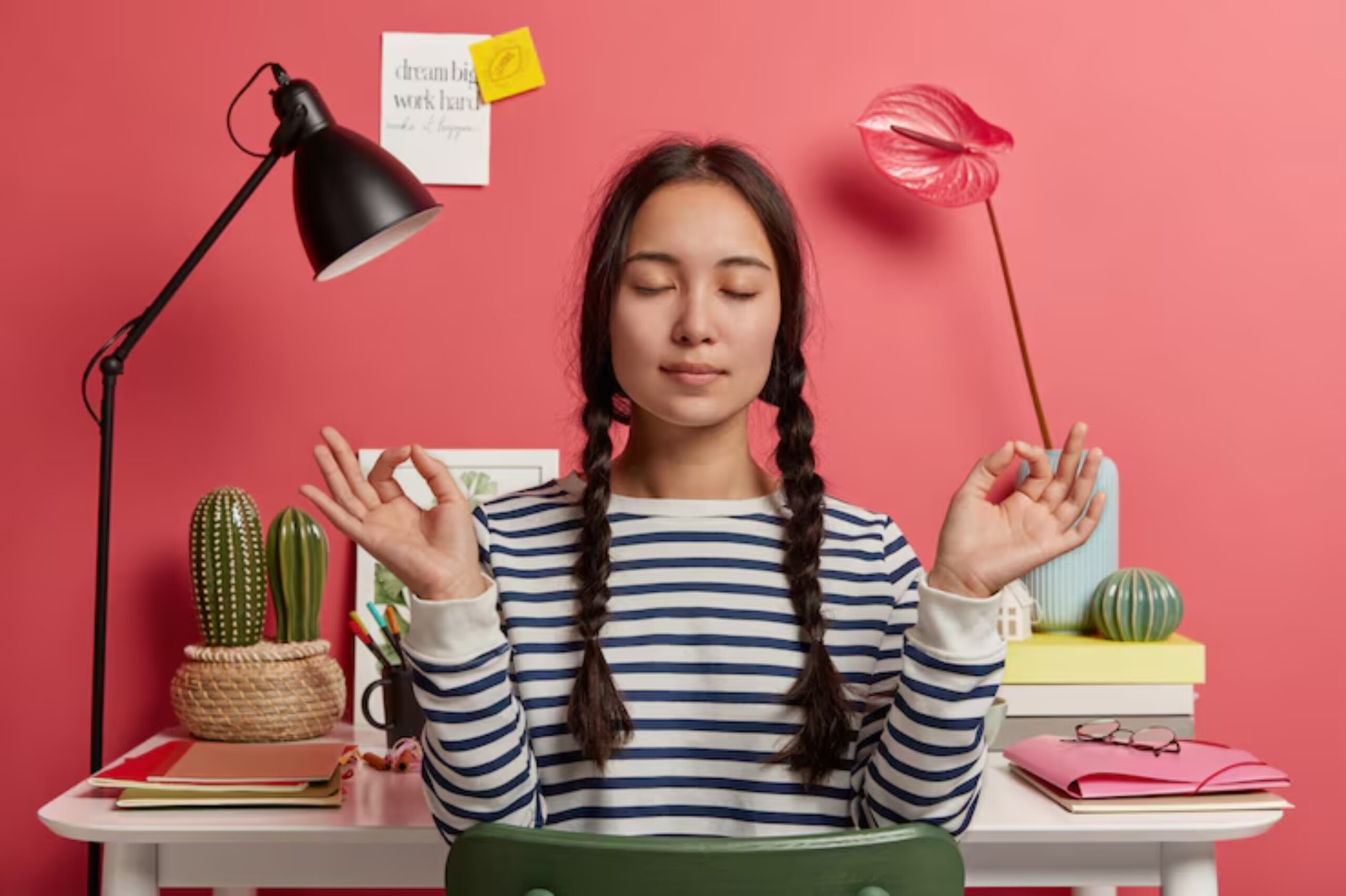 A young woman sits calmly at a desk with closed eyes, meditating. She wears a striped shirt and has braided hair.