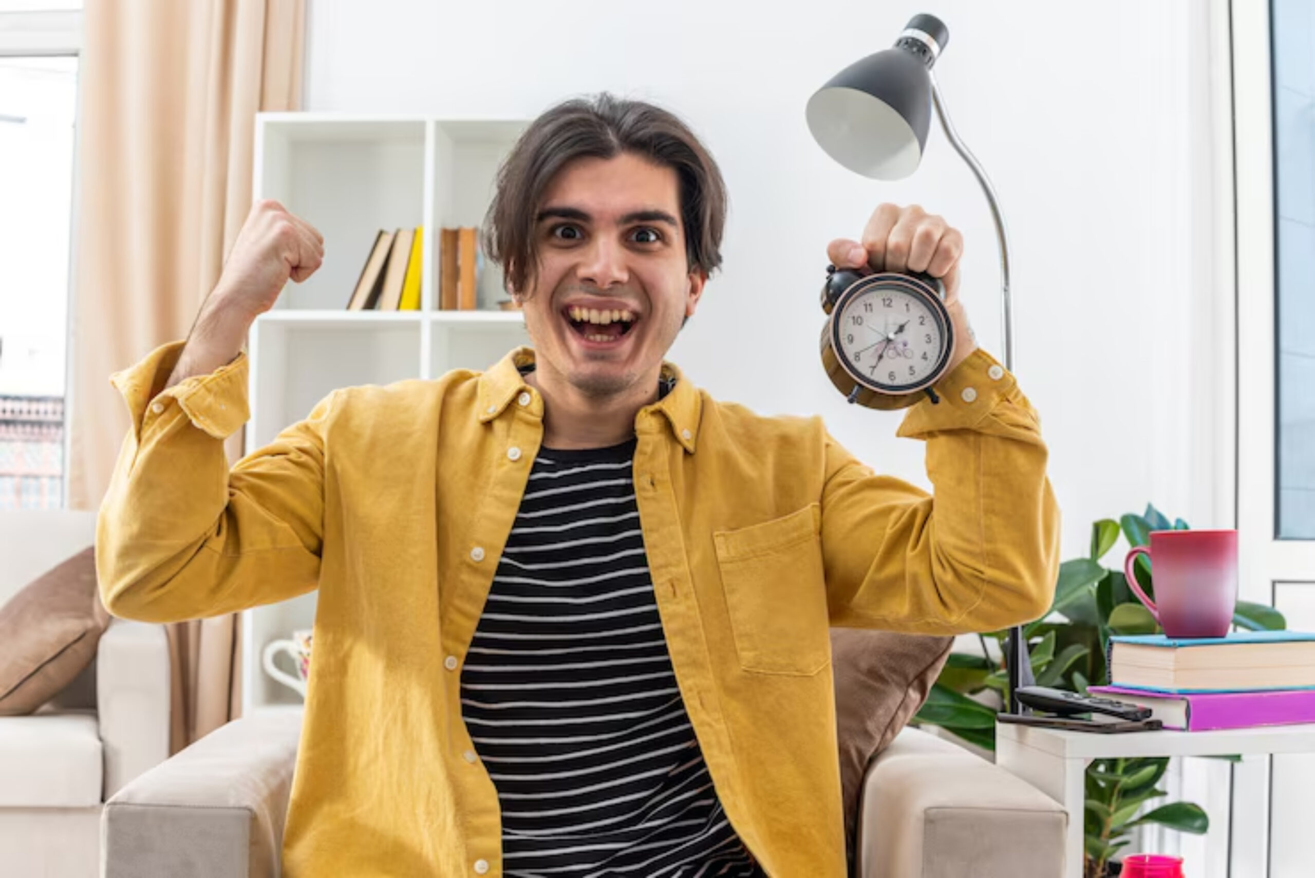 A person in a yellow shirt raises an alarm clock, celebrating in a brightly lit room decorated with plants and books.