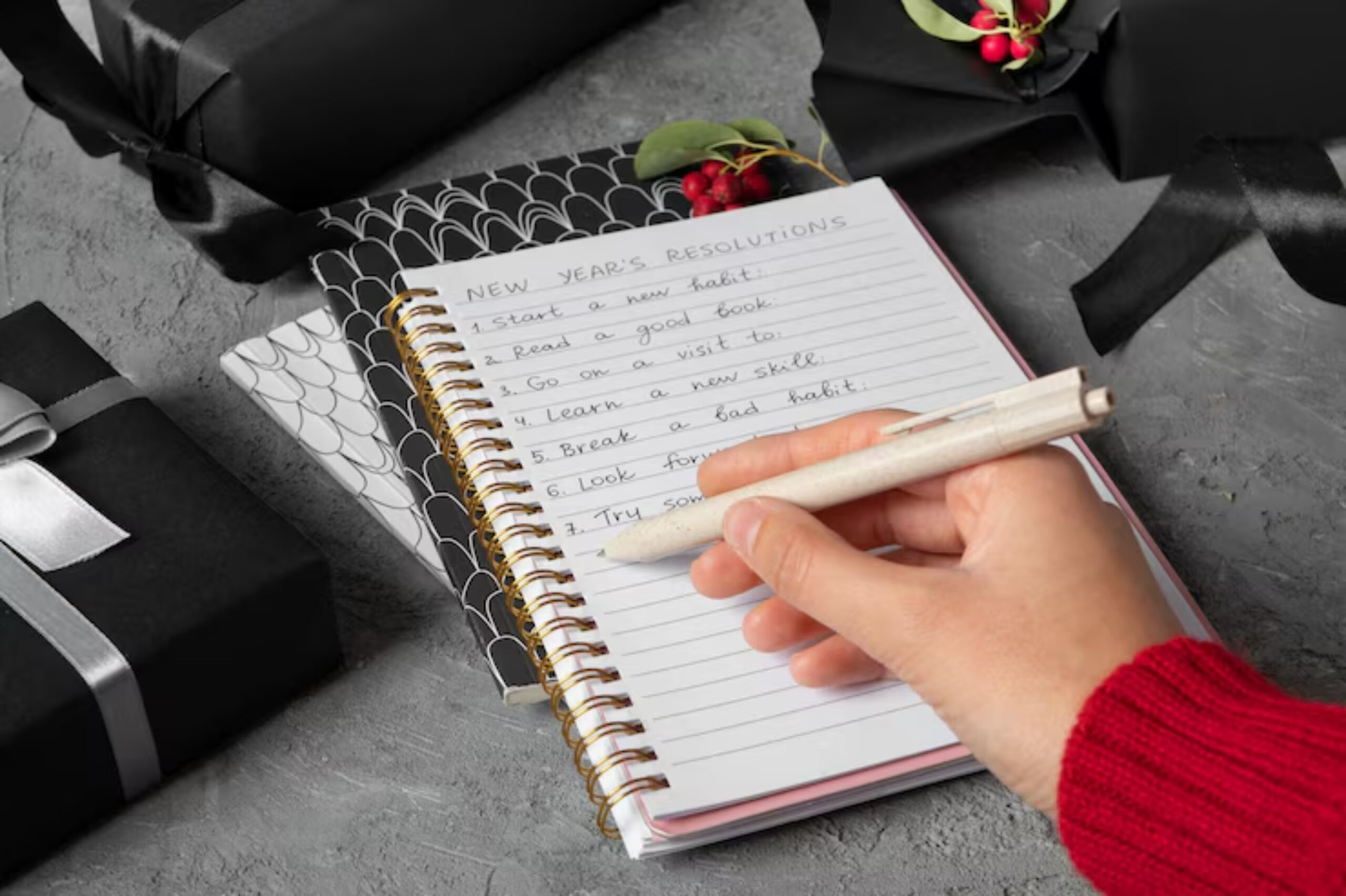 A hand writing New Year's resolutions in a notebook beside elegantly wrapped gifts, showcasing holiday planning and intentions.