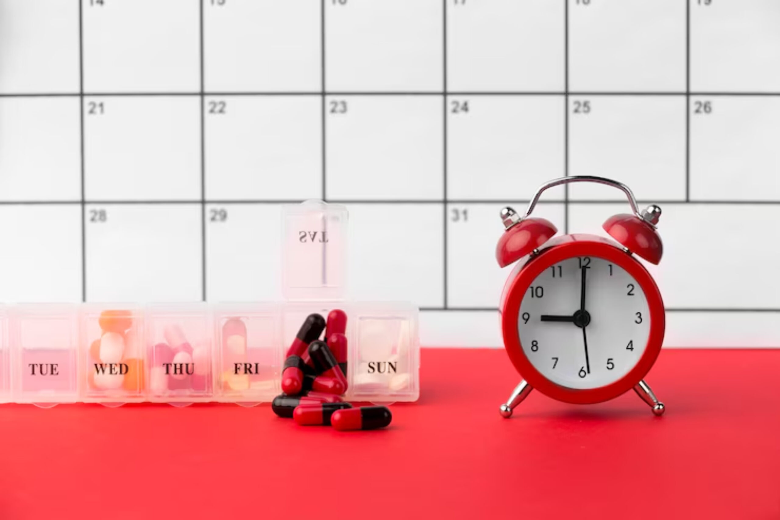 A red alarm clock next to a weekly pill organizer with capsules and a blank calendar in the background on a red surface.