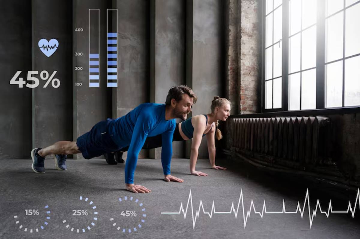 Two individuals perform push-ups in a gym setting, with fitness stats and heart rate data displayed on the screen.