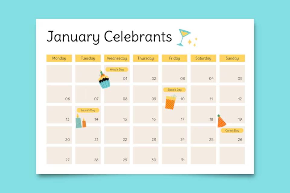 A calendar for January highlighting celebratory days, featuring colorful icons for various celebrations throughout the month.