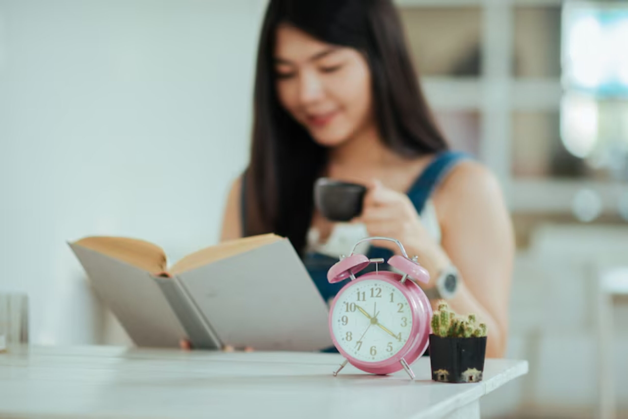 A woman enjoys a cup of coffee while reading a book, with a pink alarm clock and a small potted cactus on a table.