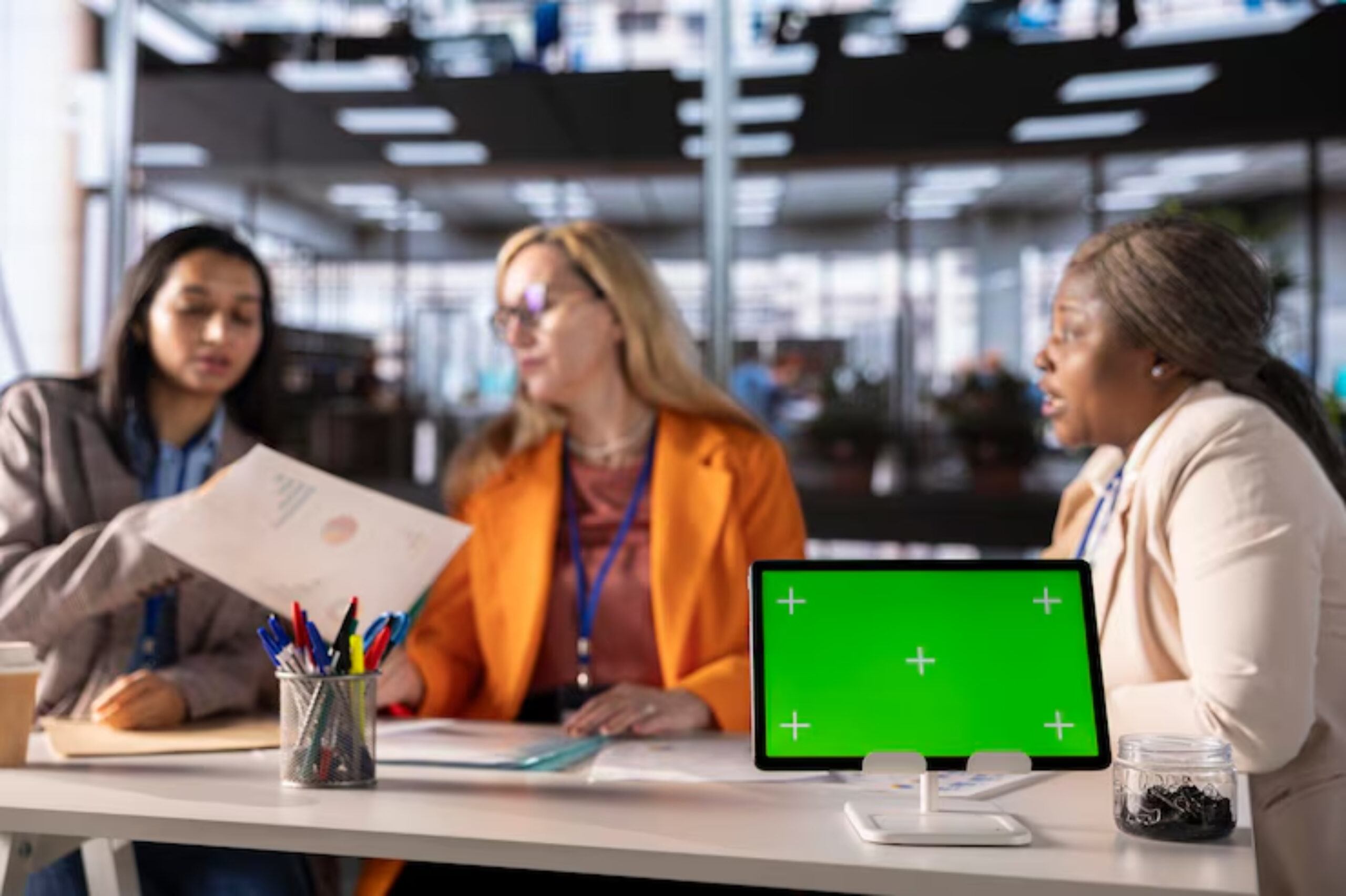 A group of professionals collaborate at a table with documents, colorful pens, and a green-screen tablet in a modern office setting.
