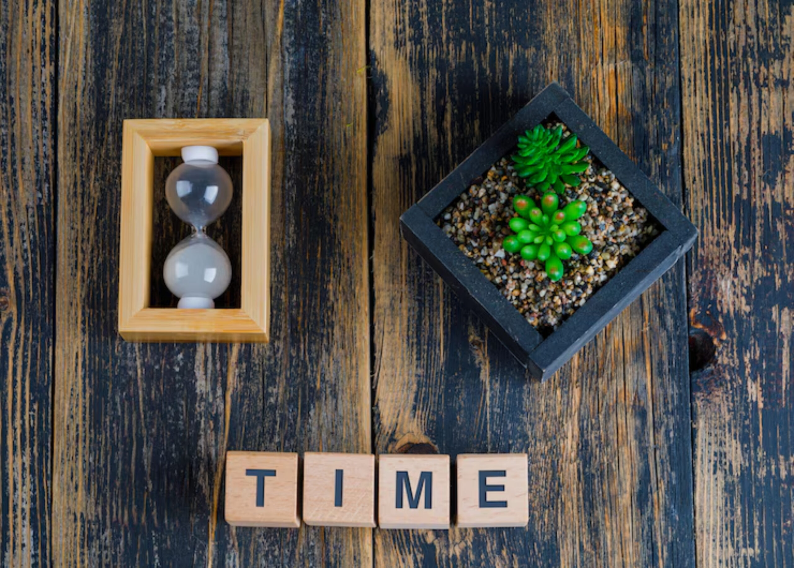 A sand timer and a succulent in pots sit on a rustic wooden table. Wooden tiles spell TIME below, evoking themes of nature and patience.