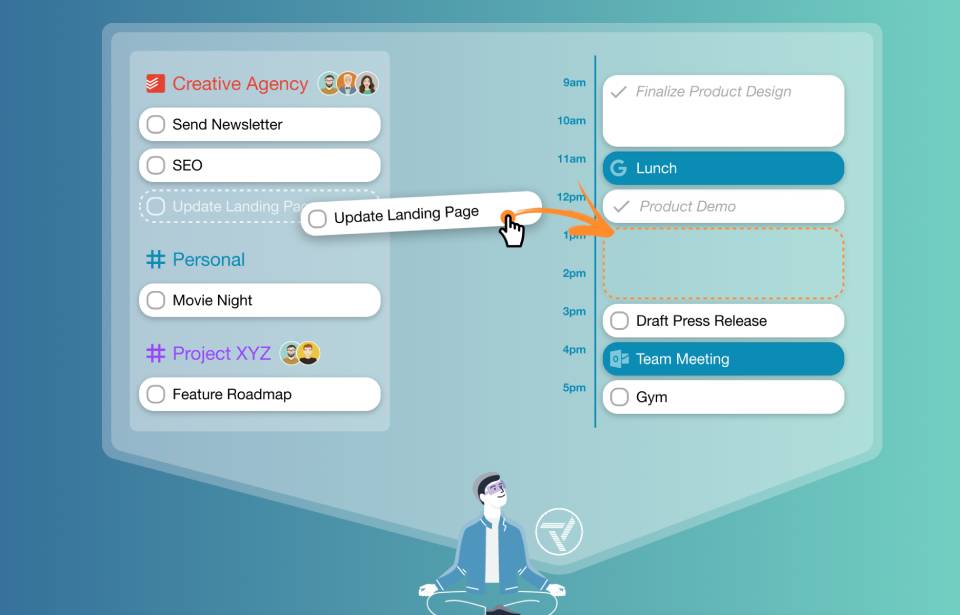 A digital planner displays a schedule with tasks for a creative agency, personal items, and project planning, emphasizing productivity and organization.