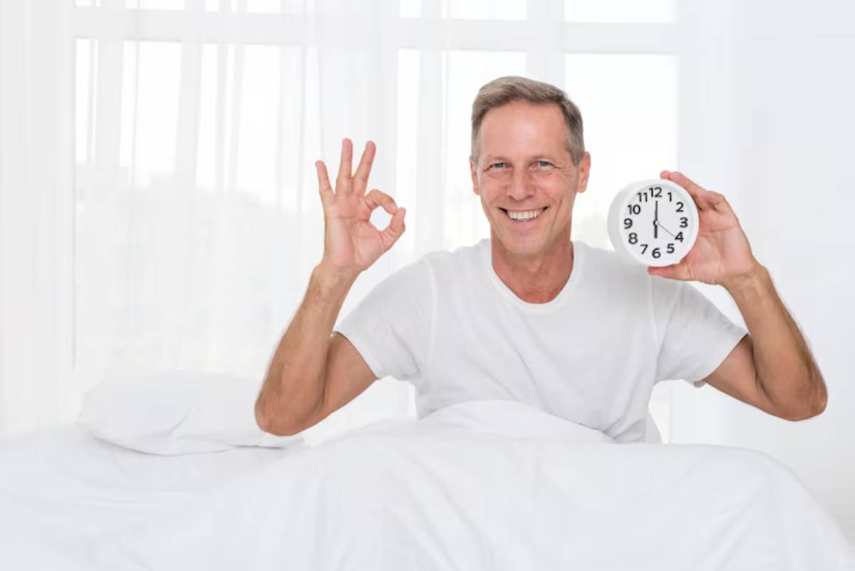 A person in a white t-shirt sits in bed, holding a clock in one hand and making an OK gesture with the other. Bright, airy room.