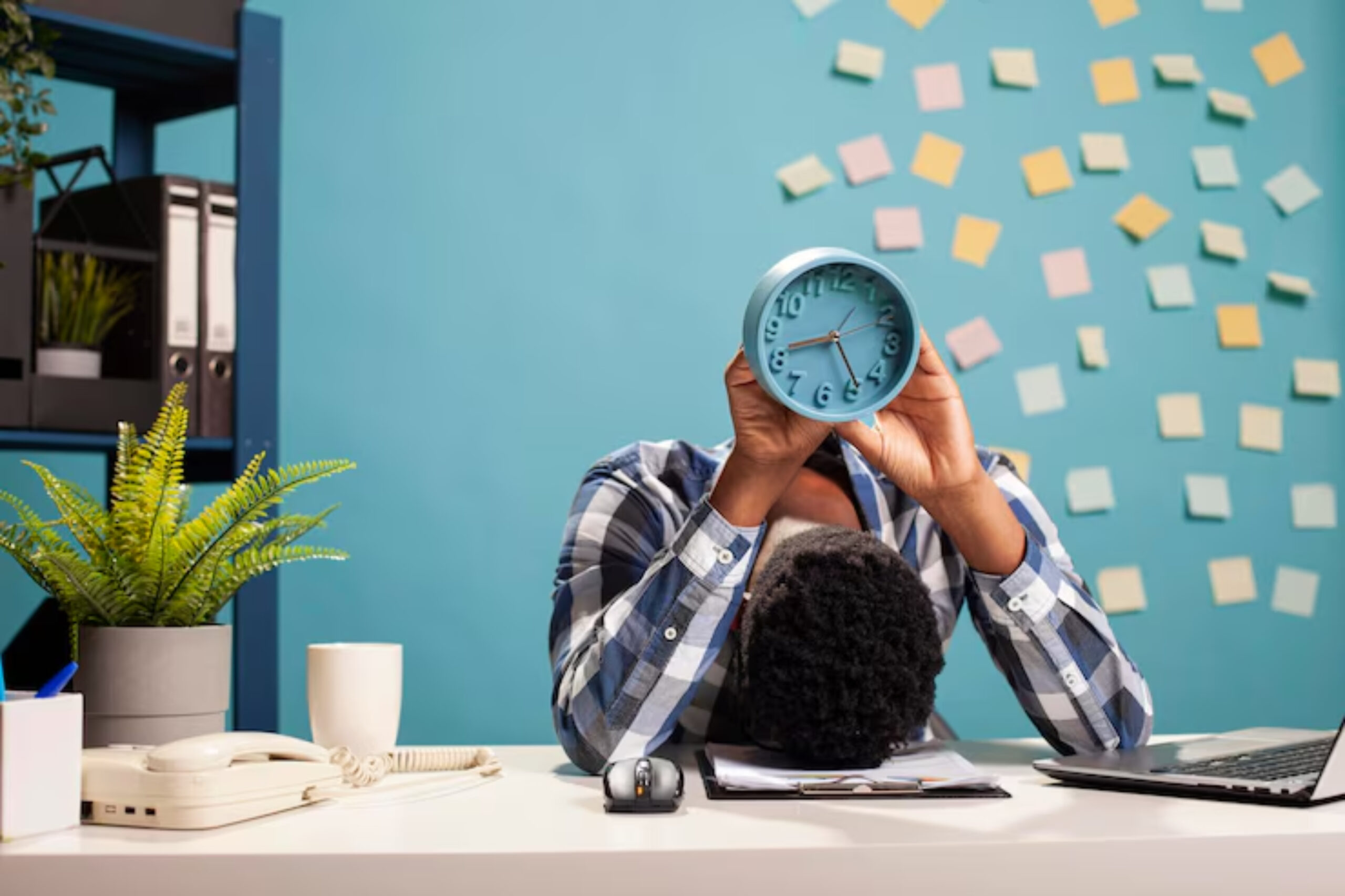 A frustrated man sits at a desk, holding a clock over his head, with his forehead resting on the table, surrounded by office supplies.