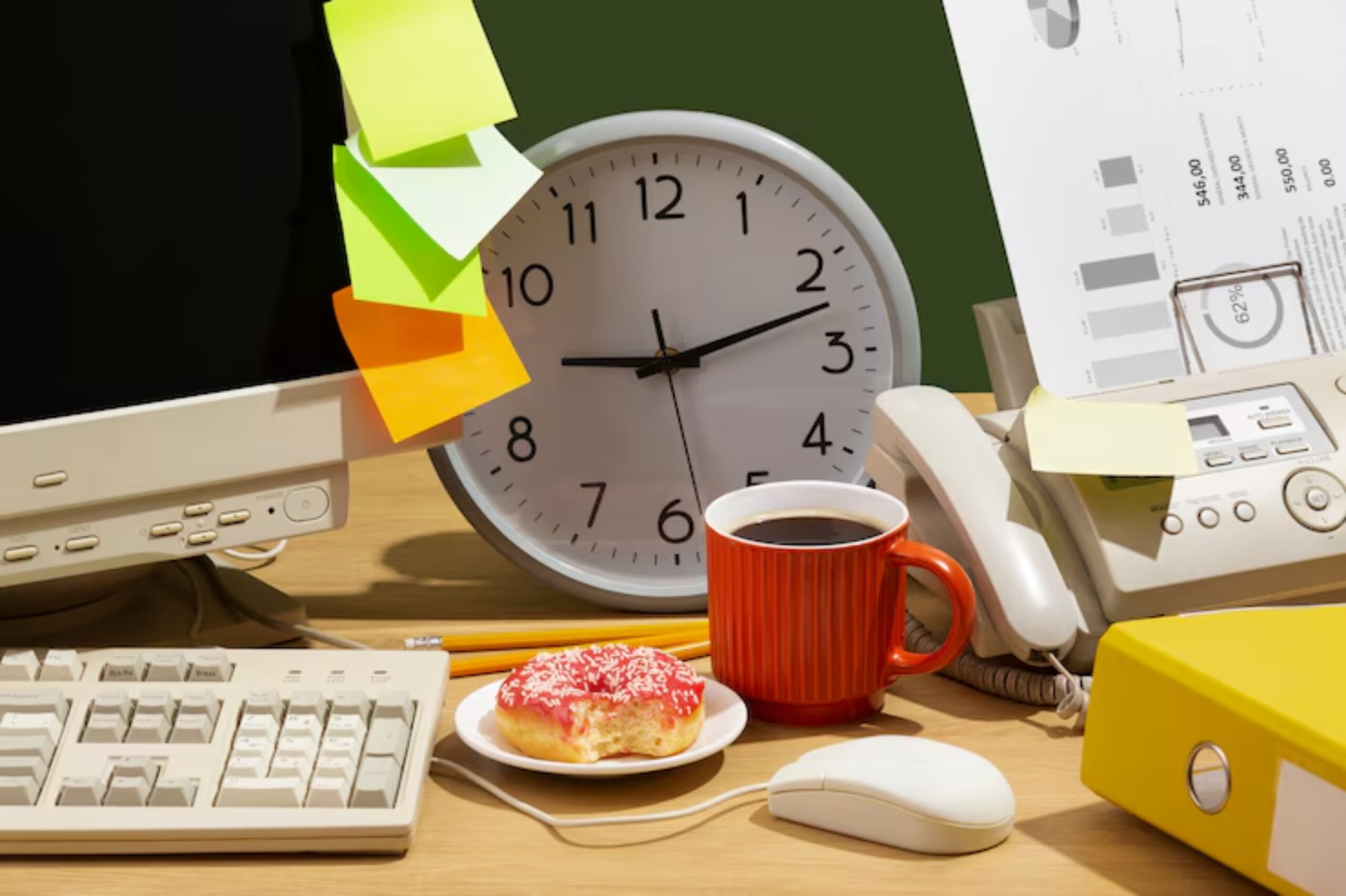 A cluttered desk featuring a monitor with sticky notes, a clock, a cup of coffee, a donut, a mouse, a phone, and a yellow binder.