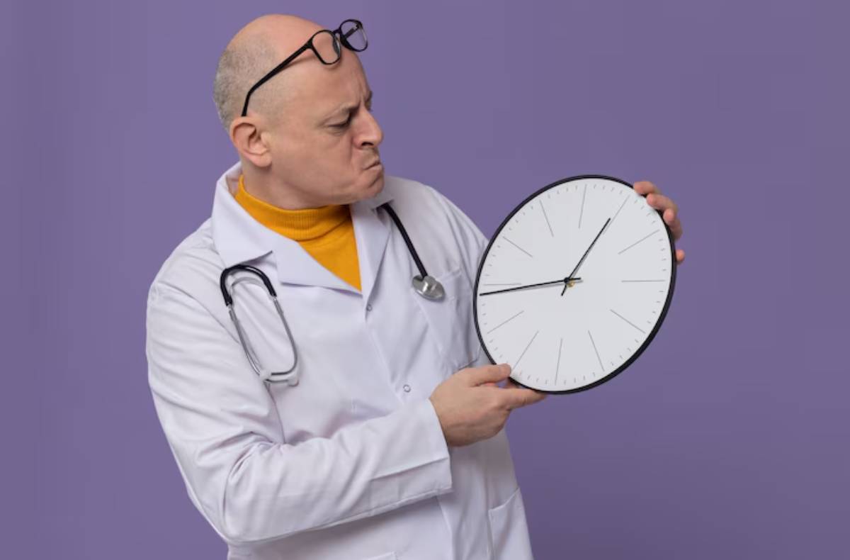 A doctor in a white lab coat and yellow turtleneck holds a large wall clock against a purple background.