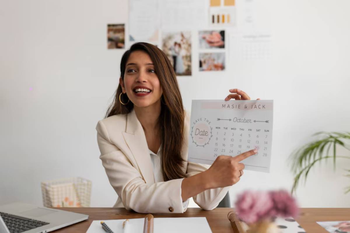 A woman in a white blazer points at an October calendar with Save the Date for Masie & Jack on a desk with a laptop and plant.
