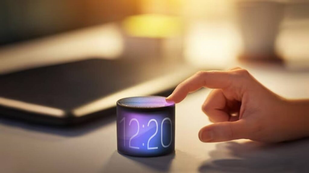 A hand touches a sleek smart speaker displaying the time 12:20, with a warm, softly lit background.