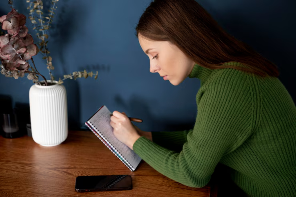 A person wearing a green sweater writes notes in a notepad on a wooden table, with a vase and a smartphone nearby.