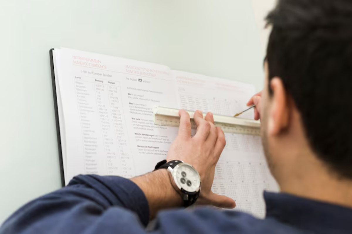 A person uses a ruler to measure data on a large open document filled with tables and numbers, against a light background.