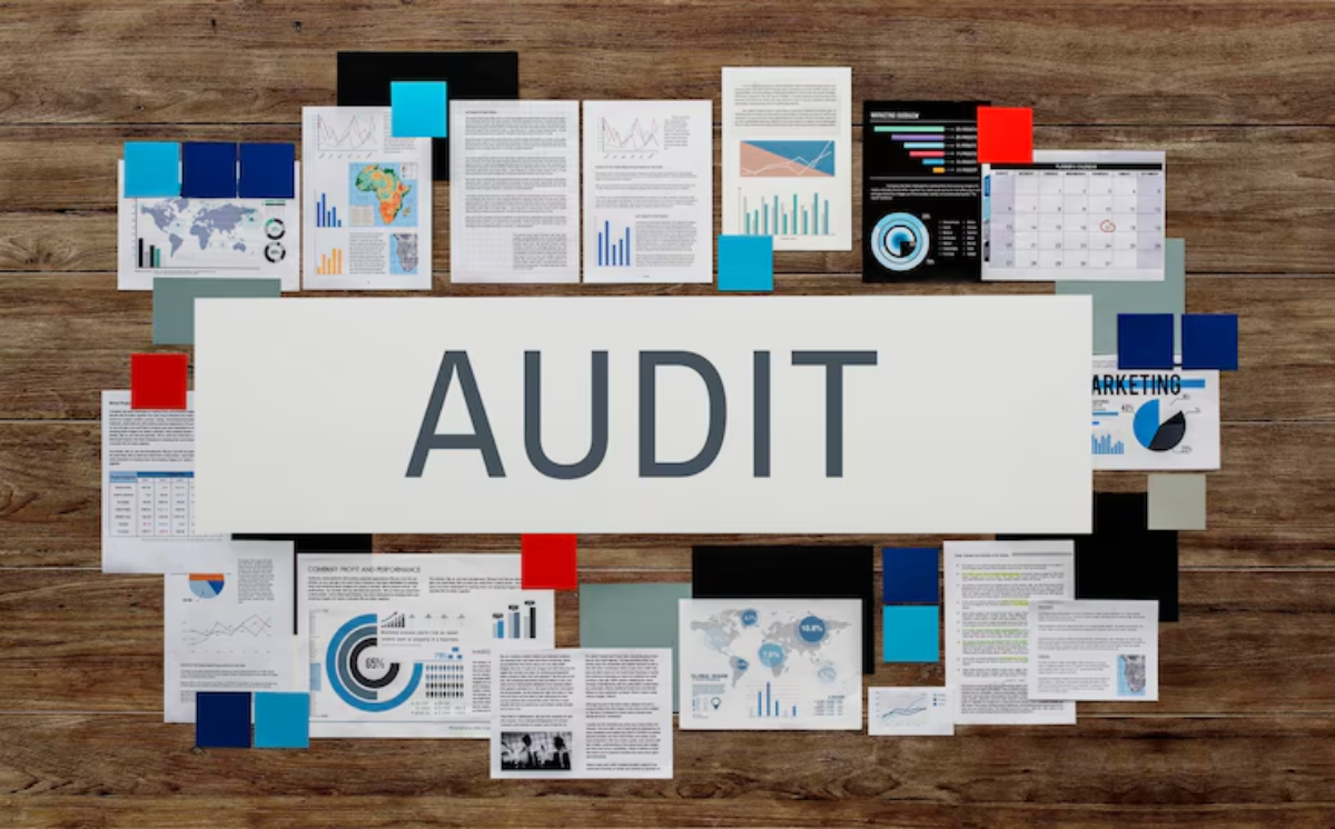 A collection of documents and charts arranged around the word AUDIT on a wooden background, illustrating data analysis.